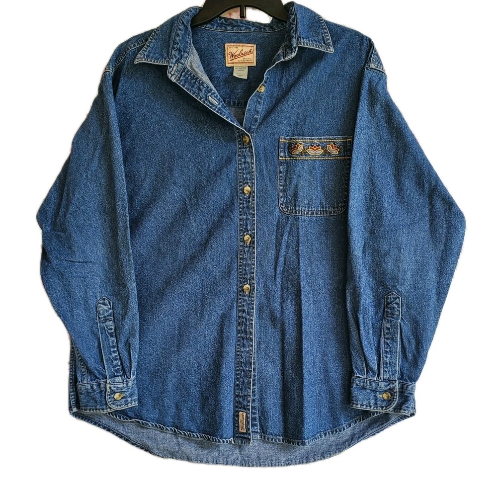 Vintage Woolrich Denim Button Down Paisley‎ Embroidered Long Sleeve Blue Sz L